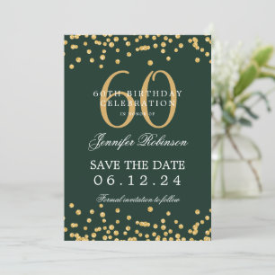 Gold 60th Birthday Save the Date Confetti Green Invitation