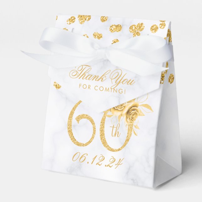 Gold 60th Birthday Thank You Floral Marble  Favour Box (Front Side)