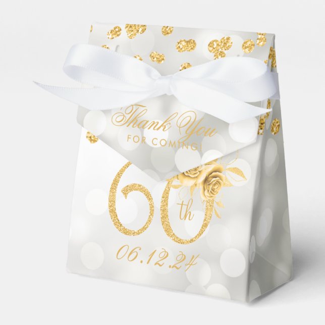 Gold 60th Birthday Thank You Floral Silver Lights Favour Box (Front Side)