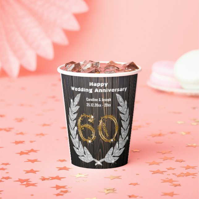 Gold 60th Wedding Anniversary, Diamond Laurel Pape Paper Cups (Insitu)