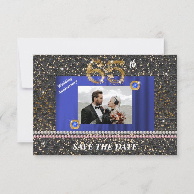 Gold 65th Wedding Anniversary Black Woven & Pearls Invitation (Front)