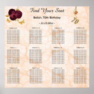 Gold 70 & Floral Design Alphabetical Seating Chart