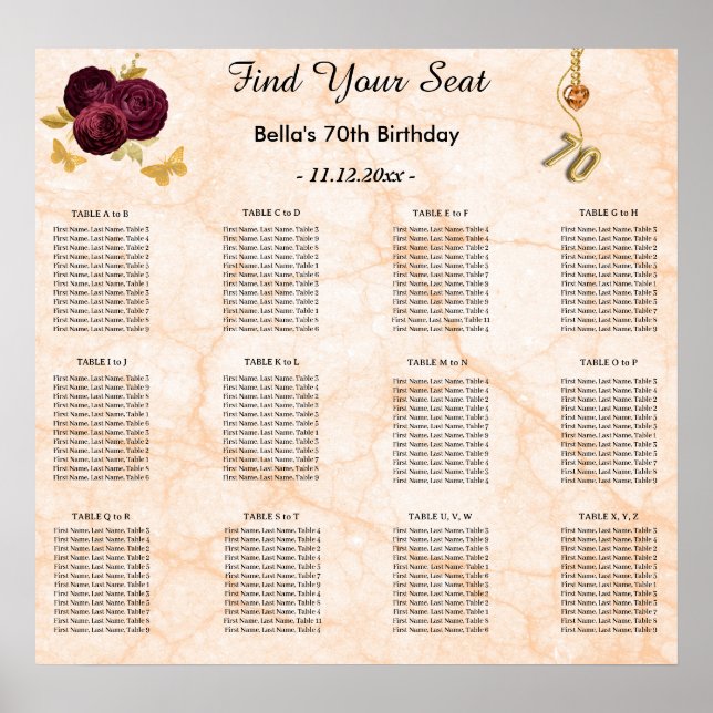 Gold 70 & Floral Design Alphabetical Seating Chart (Front)