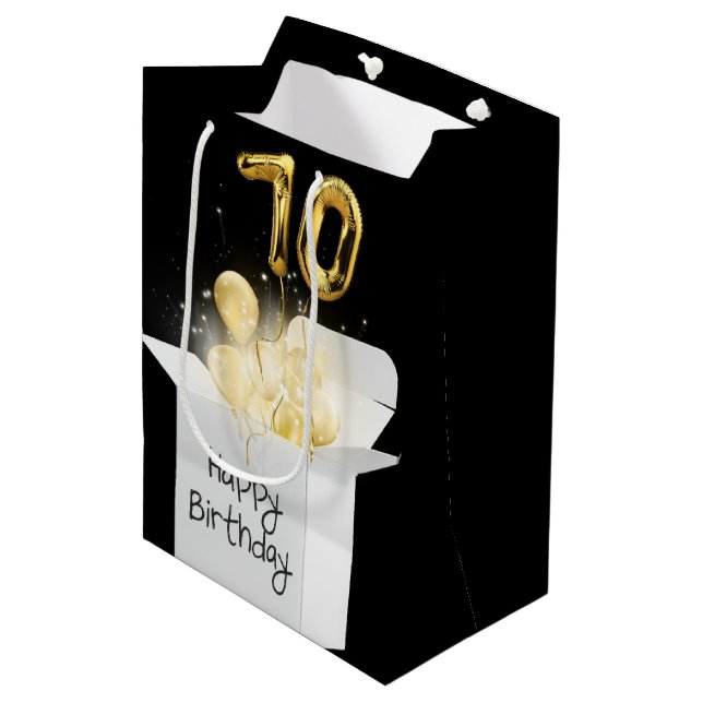 Gold 70th Birthday Balloons in Box    Medium Gift Bag (Front Angled)