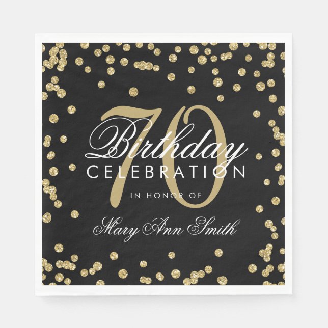Gold 70th Birthday Glitter Confetti Black Napkin (Front)