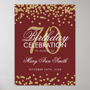 Gold 70th Birthday Glitter Confetti Burgundy Poster