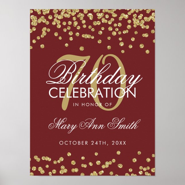 Gold 70th Birthday Glitter Confetti Burgundy Poster (Front)