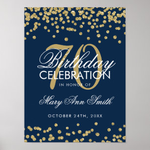 Gold 70th Birthday Glitter Confetti Navy Blue Poster