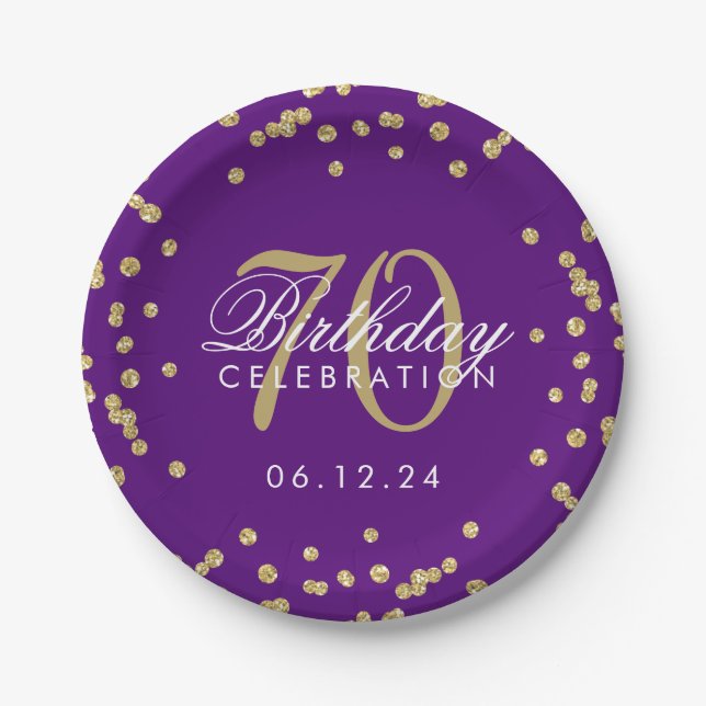 Gold 70th Birthday Glitter Confetti Purple  Paper Plate (Front)