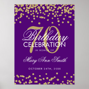Gold 70th Birthday Glitter Confetti Purple Poster