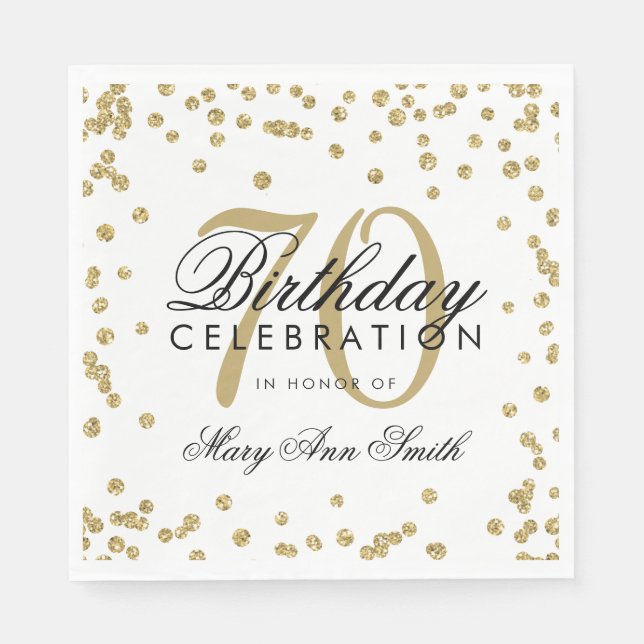 Gold 70th Birthday Glitter Confetti White Napkin (Front)