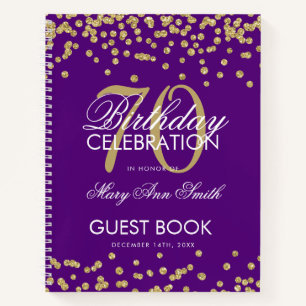 Gold 70th Birthday Guestbook Confetti Purple Notebook