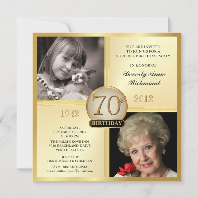 Gold 70th Birthday Invitations Then & Now 2 Photos (Front)