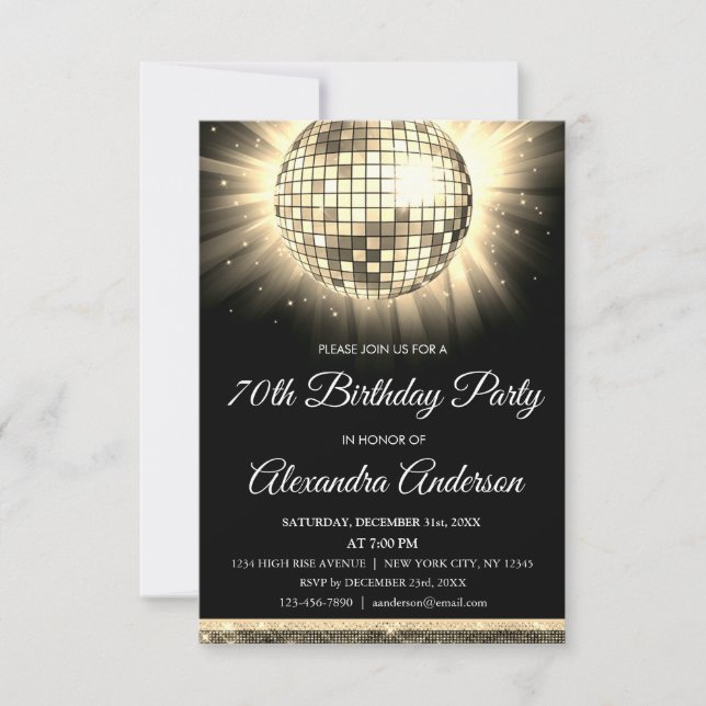 Gold 70th Birthday Party 70's Disco Ball Invitation (Front)