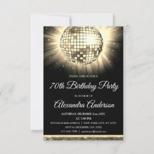 Gold 70th Birthday Party 70's Disco Ball Invitation