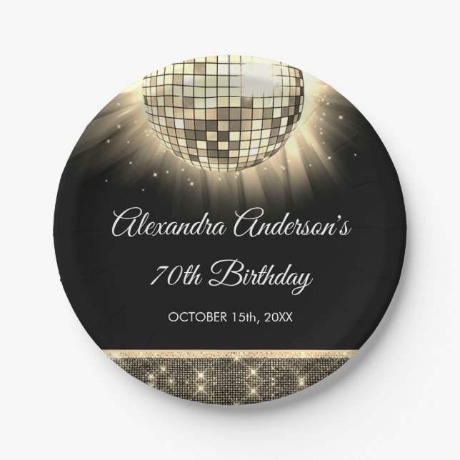 Gold 70th Birthday Party 70's Disco Ball Paper Plate (Front)