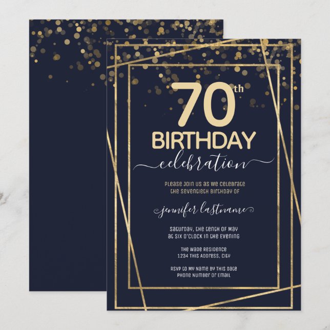 Gold 70th Birthday Party Blue Gold Invitation (Front/Back)