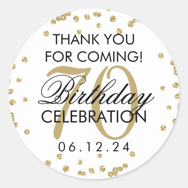 Gold 70th Birthday Thank You Glitter Confetti Classic Round Sticker (Front)