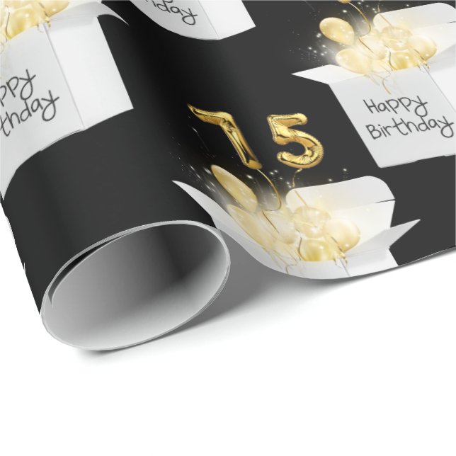 Gold 75th Birthday Balloons in White Box Wrapping Paper (Roll Corner)