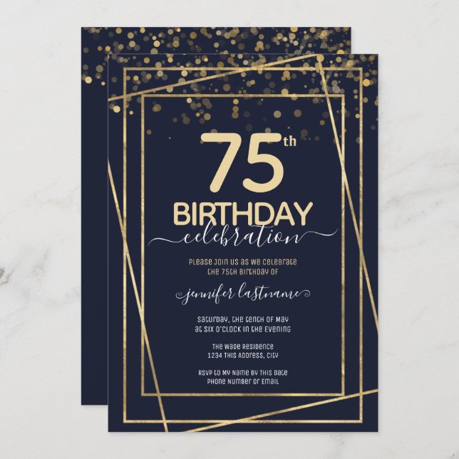 Gold 75th Birthday Party Budget Invitation (Front/Back)