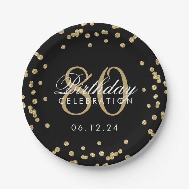 Gold 80th Birthday Glitter Confetti Black Paper Plate (Front)