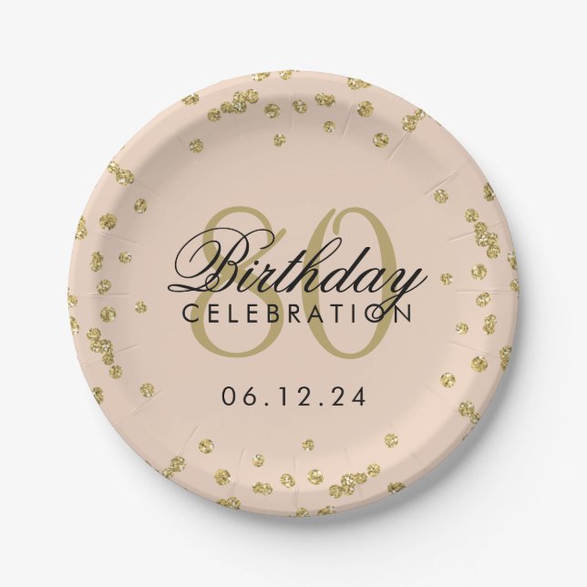 Gold 80th Birthday Glitter Confetti Blush Pink Paper Plate (Front)