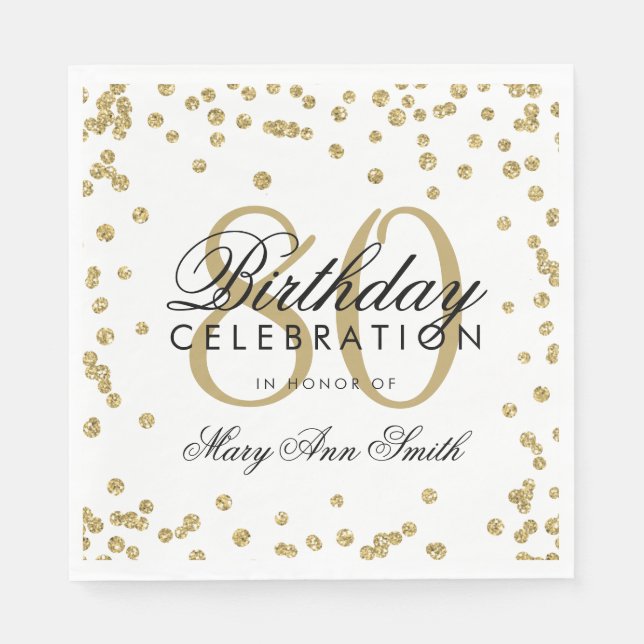 Gold 80th Birthday Glitter Confetti Napkin (Front)
