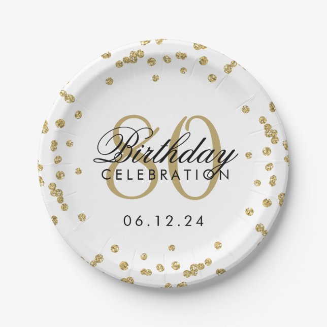 Gold 80th Birthday Glitter Confetti Paper Plate (Front)