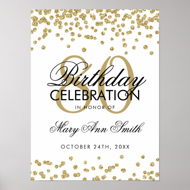Gold 80th Birthday Glitter Confetti Poster (Front)