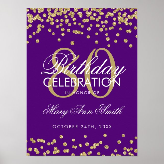 Gold 80th Birthday Glitter Confetti Purple Poster (Front)