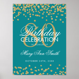 Gold 80th Birthday Glitter Confetti Teal Poster