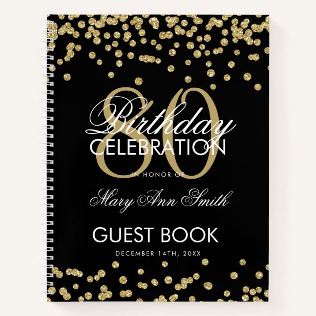 Gold 80th Birthday Guestbook Confetti Black Notebook (Front)