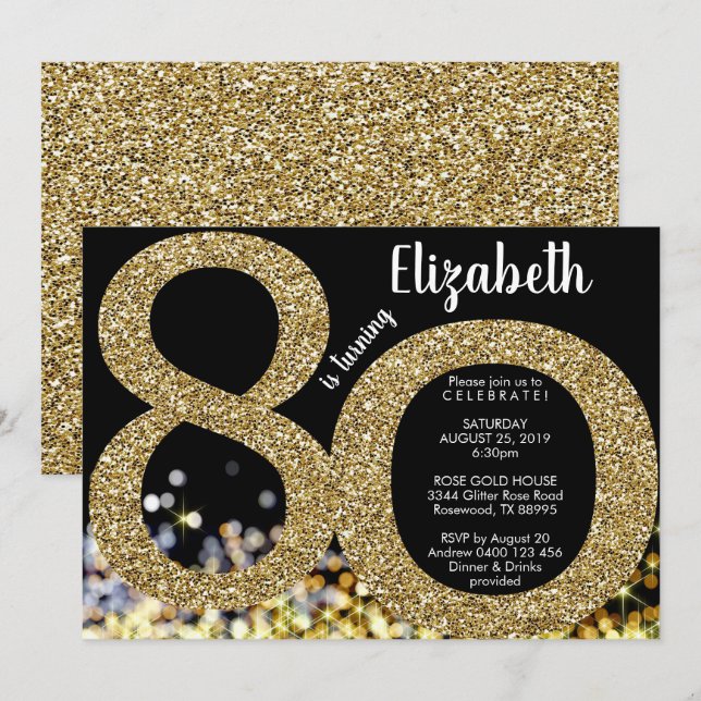 Gold 80th Birthday Invitation - 70th Invitation (Front/Back)