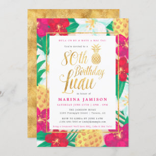 Gold 80th Birthday Luau Party Invitations