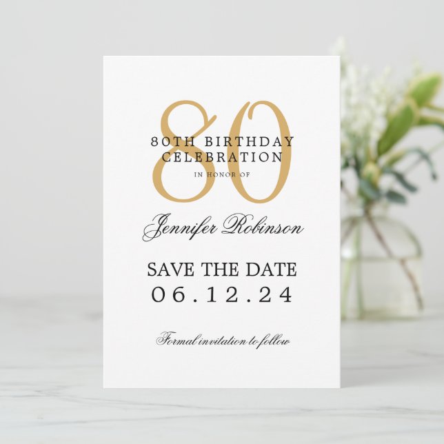 Gold 80th Birthday Party Save the Date Details Invitation (Standing Front)