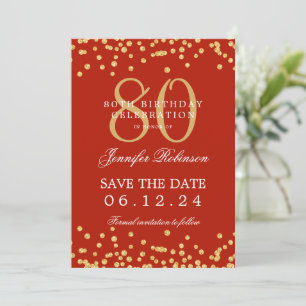 Gold 80th Birthday Save Date Confetti Red  Invitation