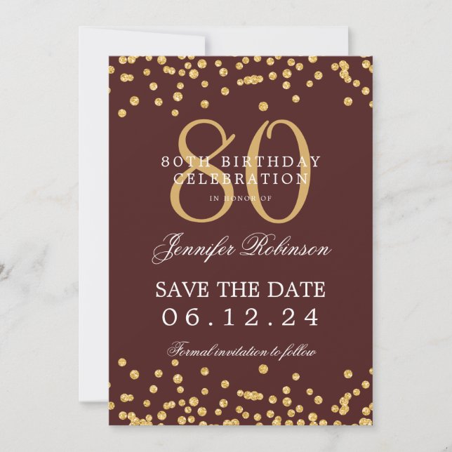 Gold 80th Birthday Save the Date Confetti Burgundy Invitation (Front)