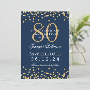 Gold 80th Birthday Save the Date Confetti Navy Invitation