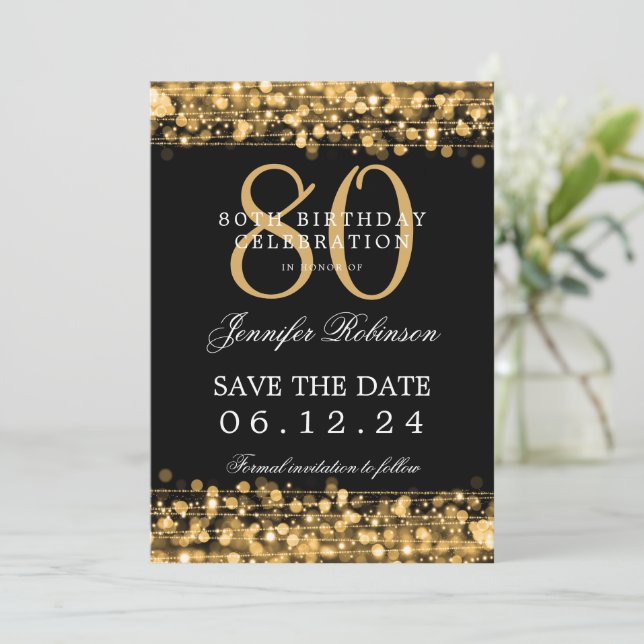 Gold 80th Birthday Save the Date w/ Details Invitation (Standing Front)