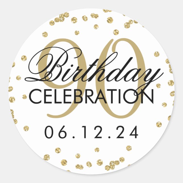 Gold 90th Birthday Glitter Confetti Classic Round Sticker (Front)
