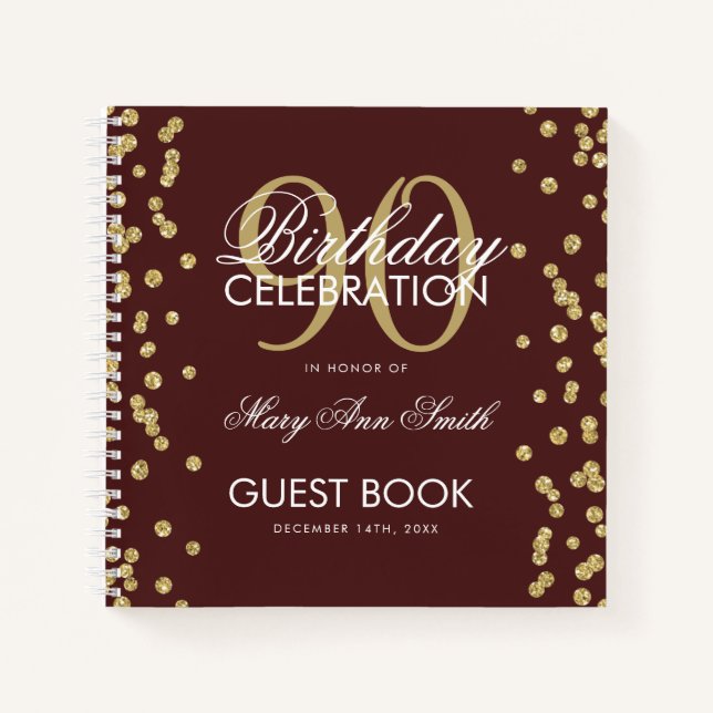 Gold 90th Birthday Guestbook Confetti Burgundy Notebook (Front)