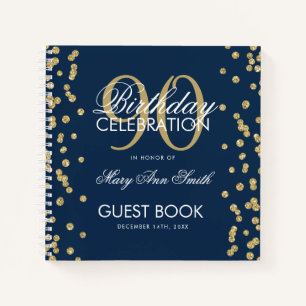 Gold 90th Birthday Guestbook Confetti Navy Blue Notebook