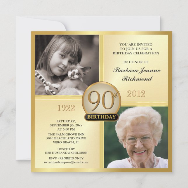 Gold 90th Birthday Invitations Then & Now 2 Photos (Front)