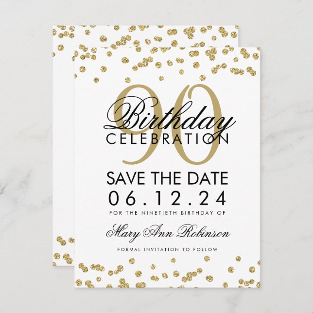 Gold 90th Birthday Save Date Confetti Invitation (Front/Back)
