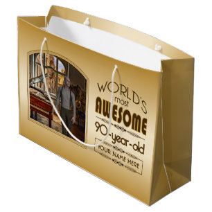 Gold 90th Birthday World’s Best Custom Photo Frame Large Gift Bag