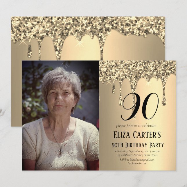 Gold 90th Ninety Drip Elegant Birthday  Invitation (Front/Back)