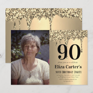 Gold 90th Ninety Drip Elegant Birthday Invitation