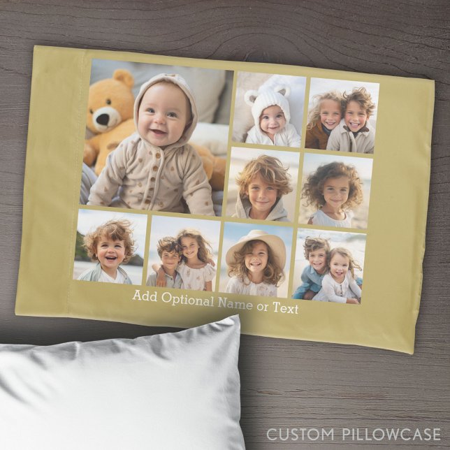 Gold 9 Photo Square Collage - with white text Pillowcase (Create Your Own Photo Collage Pillowcase)