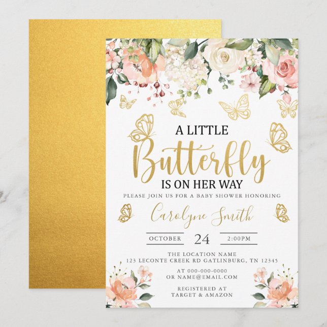Gold A Little Butterfly Is On Her Way Baby Shower Invitation (Front/Back)