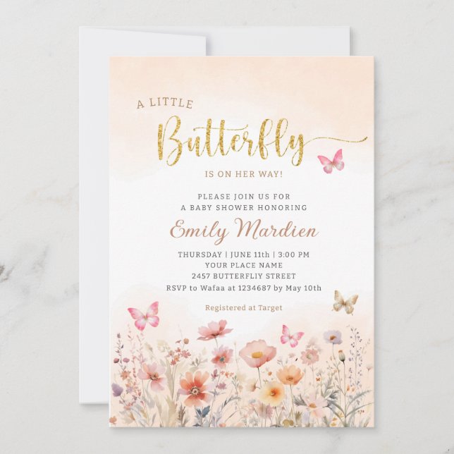 Gold A Little Butterfly Is On Her Way Baby Shower  Invitation (Front)